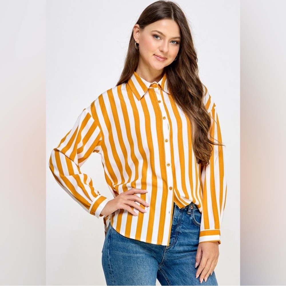 Women’s Gold and White Striped Button Up Collar Shirt